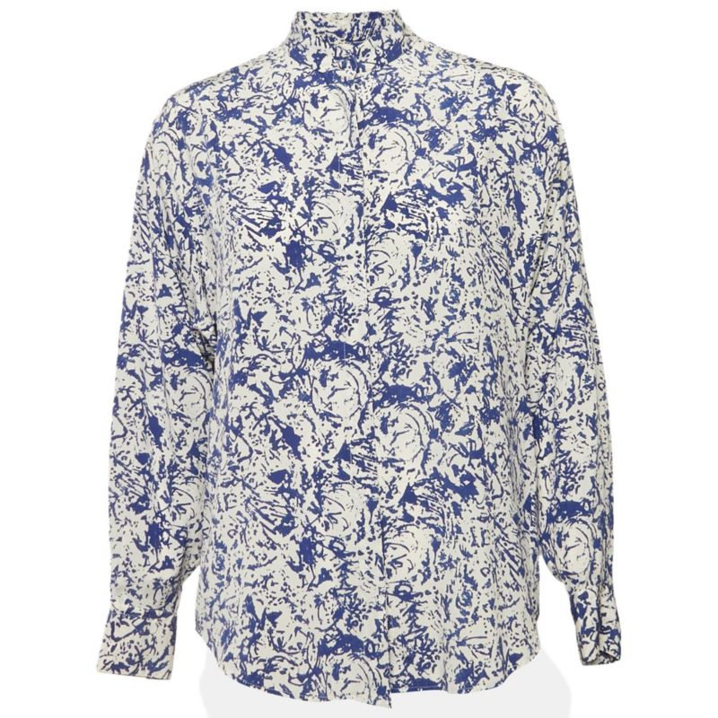 Women's White/blue Printed Silk Button Front Cade Top