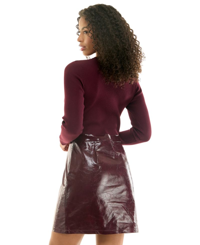 Juniors' Long-Sleeve Mini Faux Leather Skirt Sweater Dress