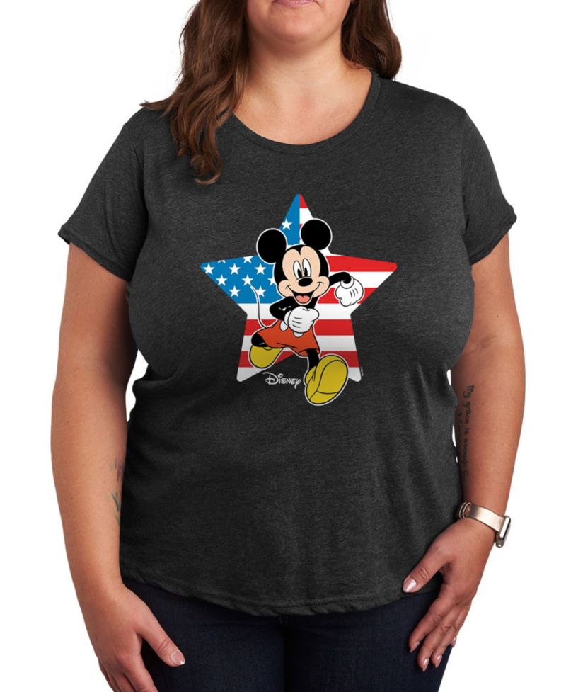 Plus Size Disney Mickey USA Flag Star Graphic Crew Neck T-Shirt