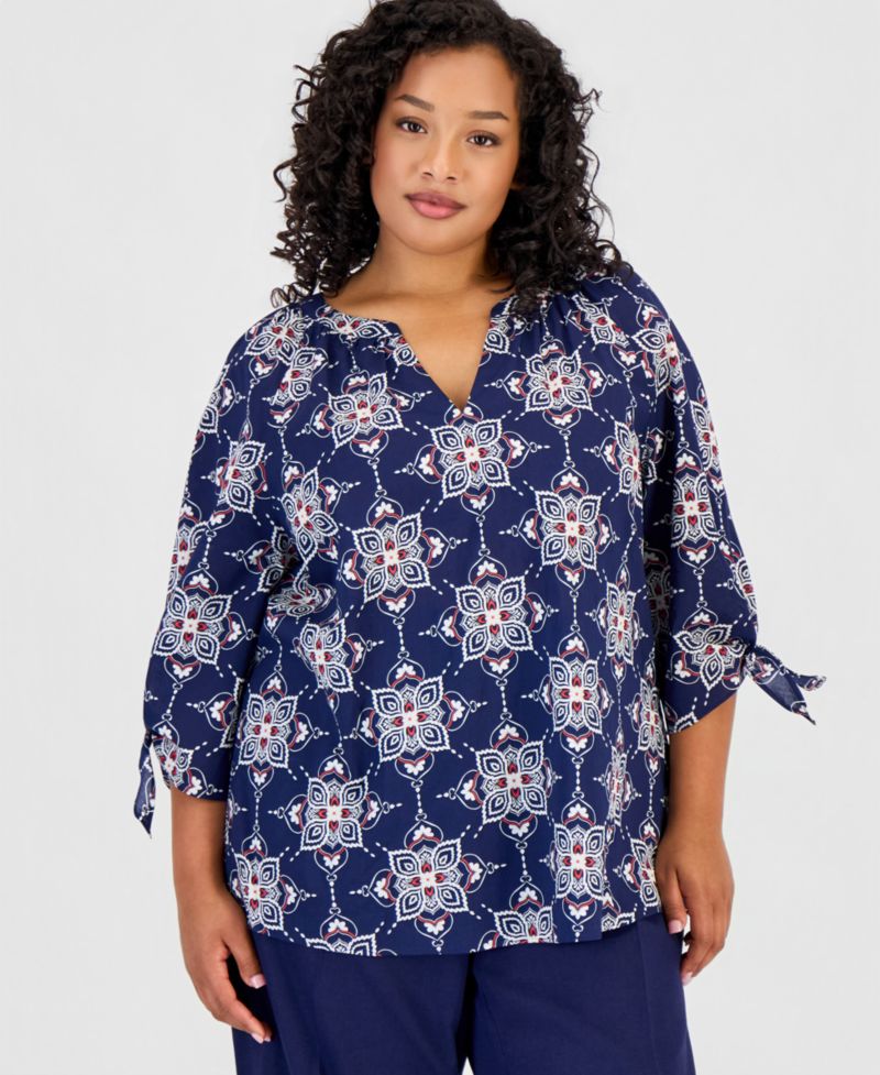 Plus Size Cotton Tie-Cuff Top