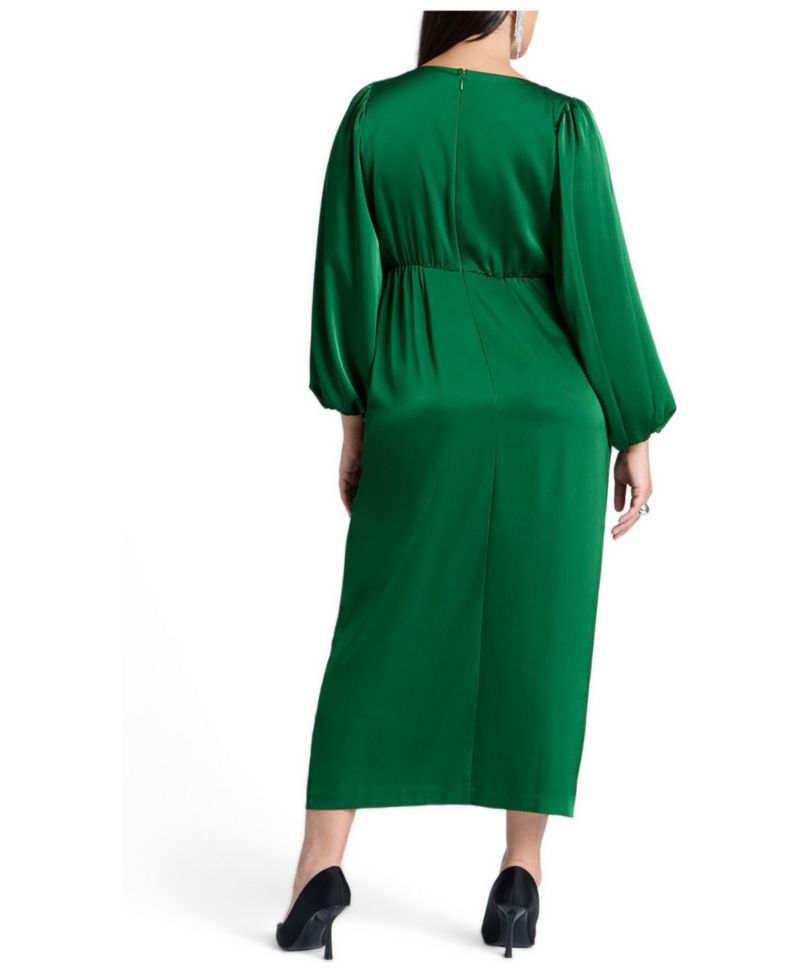 Women's Pleated Satin Puff-Sleeve Maxi Dress