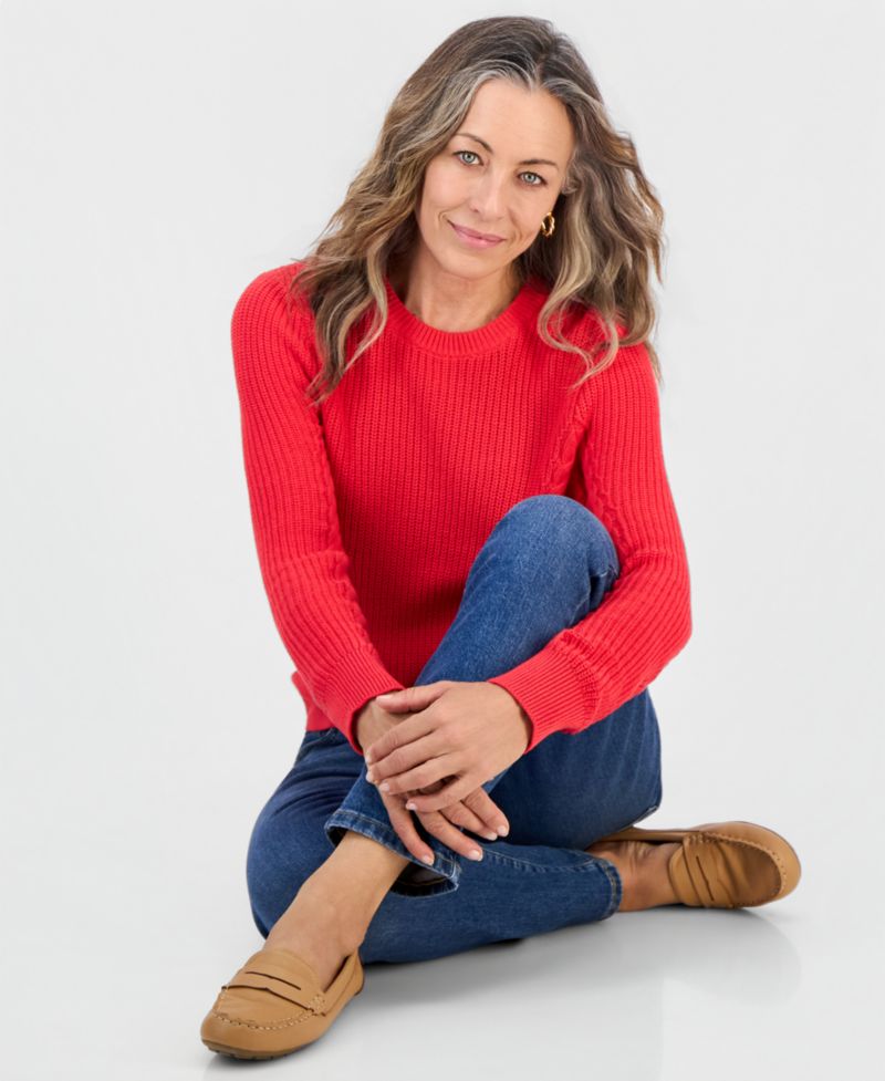Petite Mixed Rib Cable-Knit Cotton Crewneck Pullover