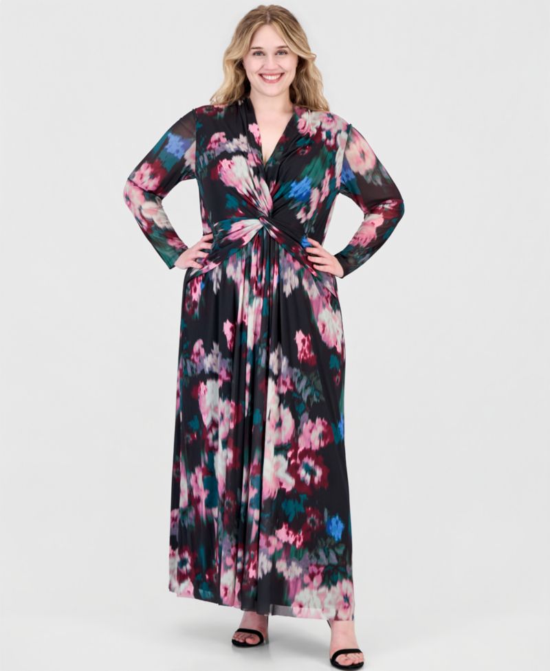 Plus Twist Front Maxi Floral Long-Sleeve A-Line Dress