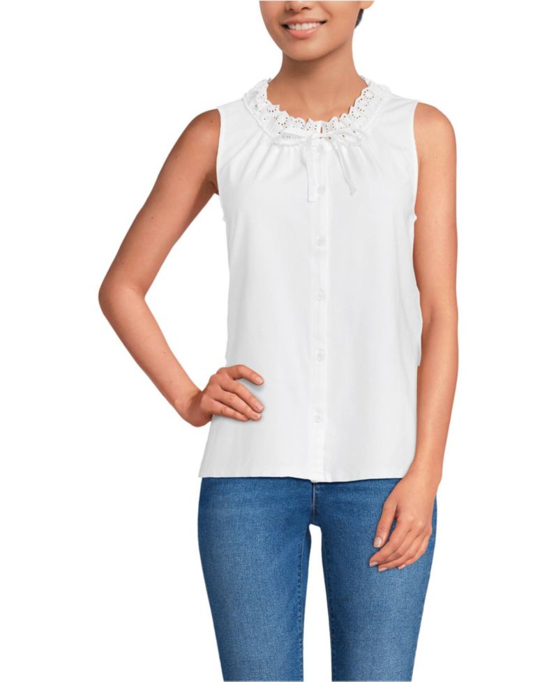 Women's Lightweight Jersey Button Front Lace Trim Tank