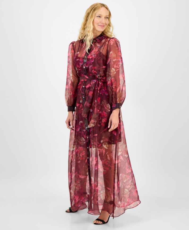Women's Printed Button-Front Long-Sleeve Gown