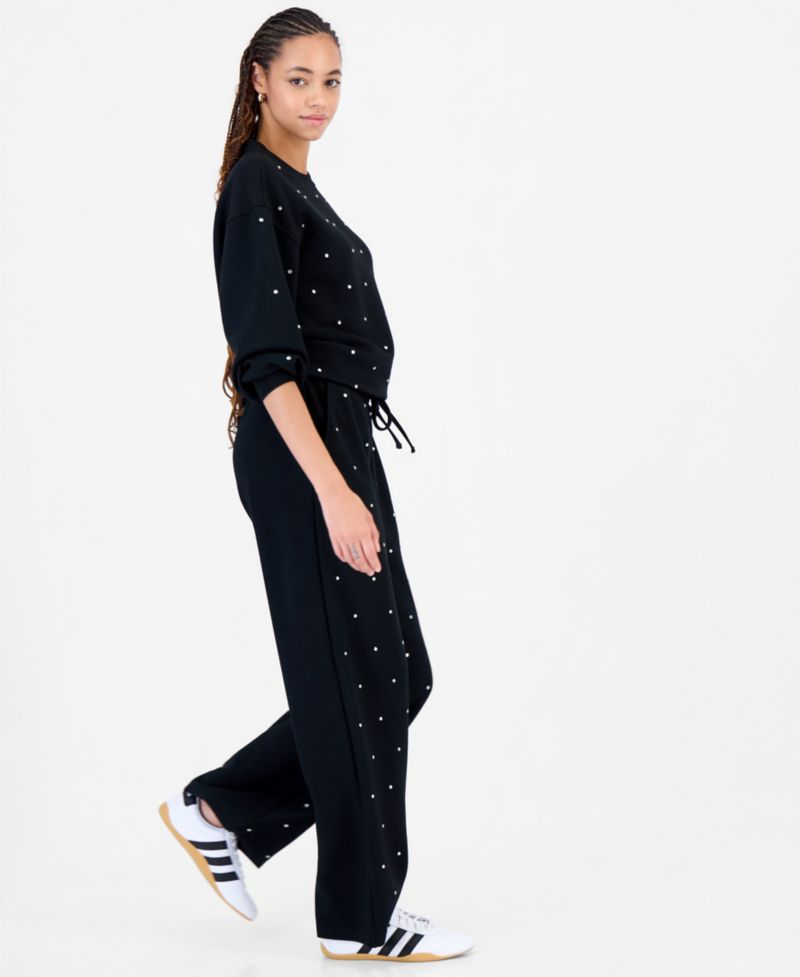 Juniors' High-Rise Embellished Scuba Wide-Leg Pants