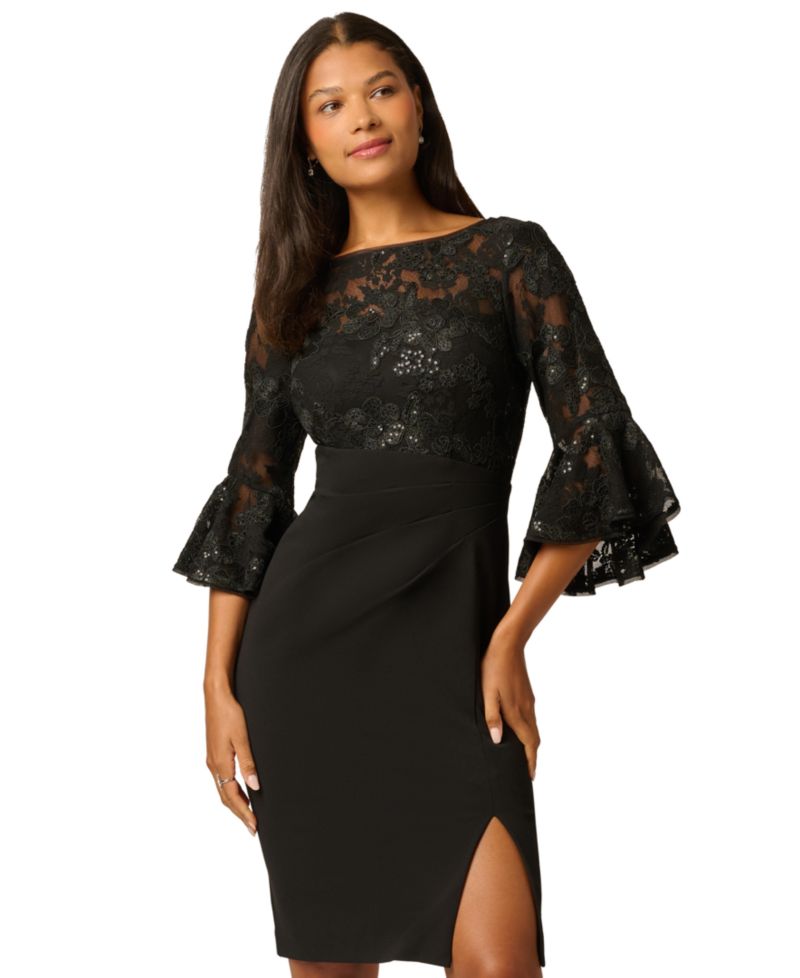 Petite Wedding Guest Sequin-Embellished Floral-Lace Tiered Bell Sleeve Dress
