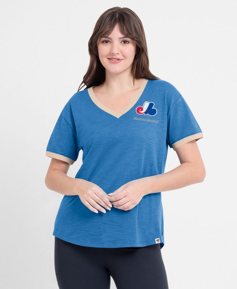Women's Blue Montreal Expos Cooperstown Collection Binge Worthy Stadium Slub V-Neck T-Shirt