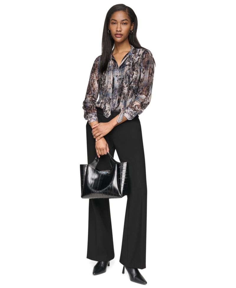Women's Tie-Neck Long-Sleeve Crinkle Chiffon Blouse