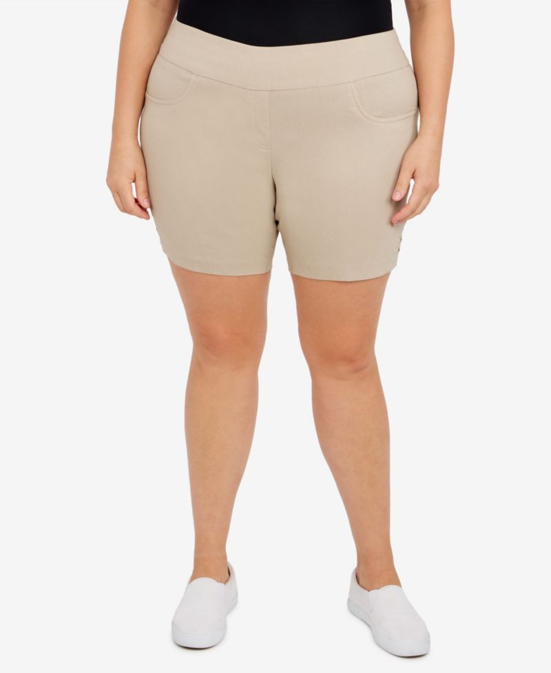 Plus Size Essentials Solid Color Tech Stretch Shorts with Elastic Waistband