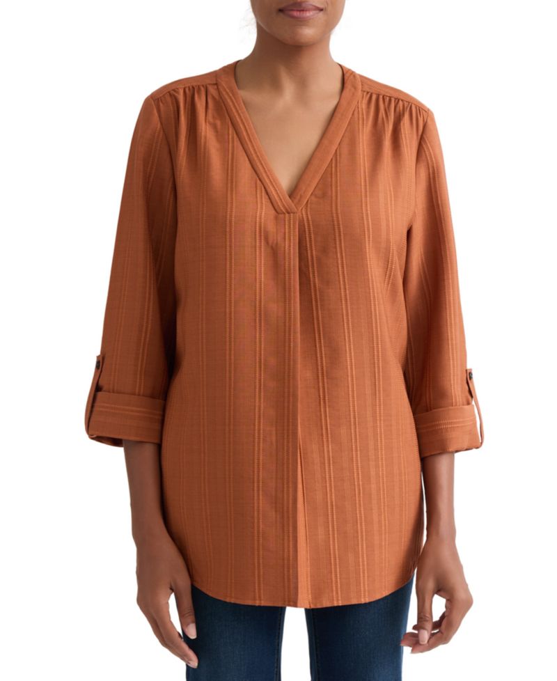Women's V-Neck Pleated-Front Jacquard Top