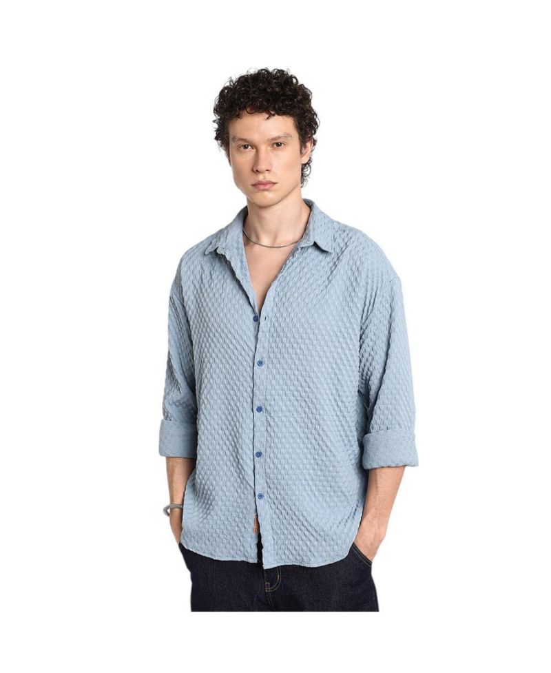 Men's Cornflower Blue Cubic-Textured Oversized Shirt
