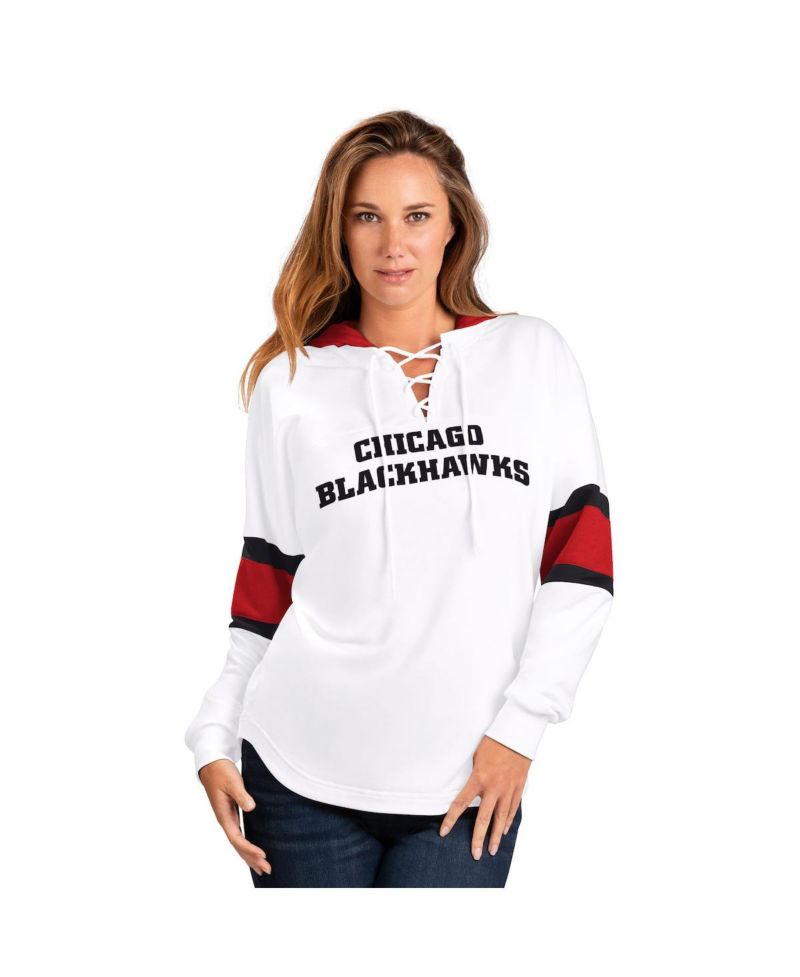 Women's White Chicago Blackhawks Goal Zone Long Sleeve Lace-Up Hooded T-Shirt