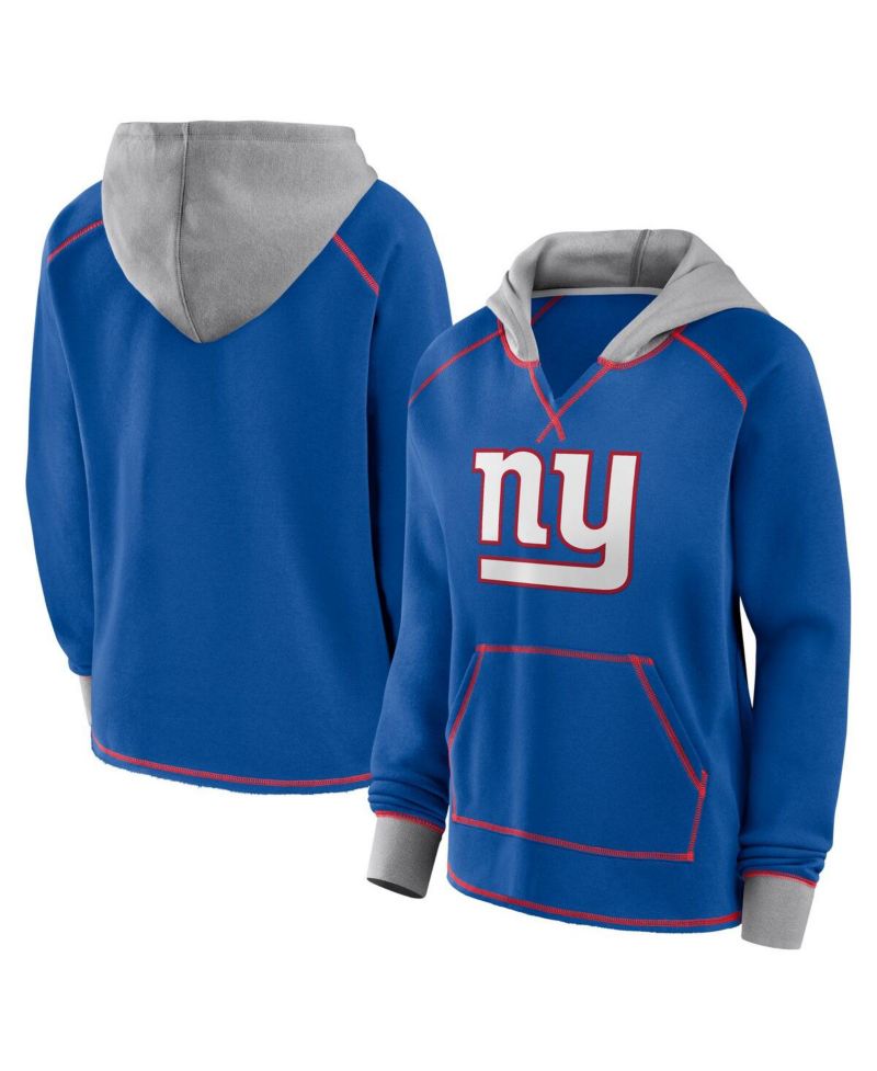 Women's Royal New York Giants Boom Fleece Pullover V-Neck Hoodie
