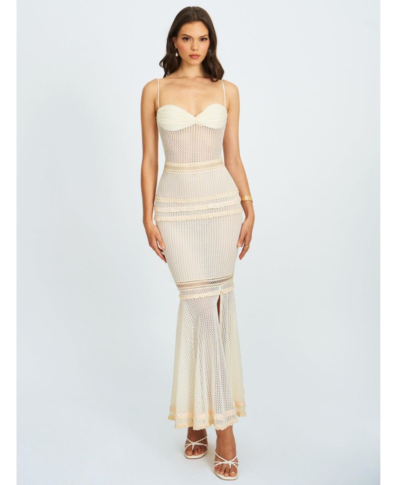 Women's Pallas Beige Lace Trim Crochet Mermaid Maxi Dress