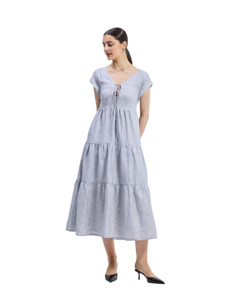 Women's Gathered Tiered Dress with Front-ties - Linen stripes