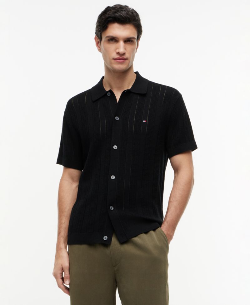 Men's Pointelle Structure Short-Sleeve Coat Front Sweater