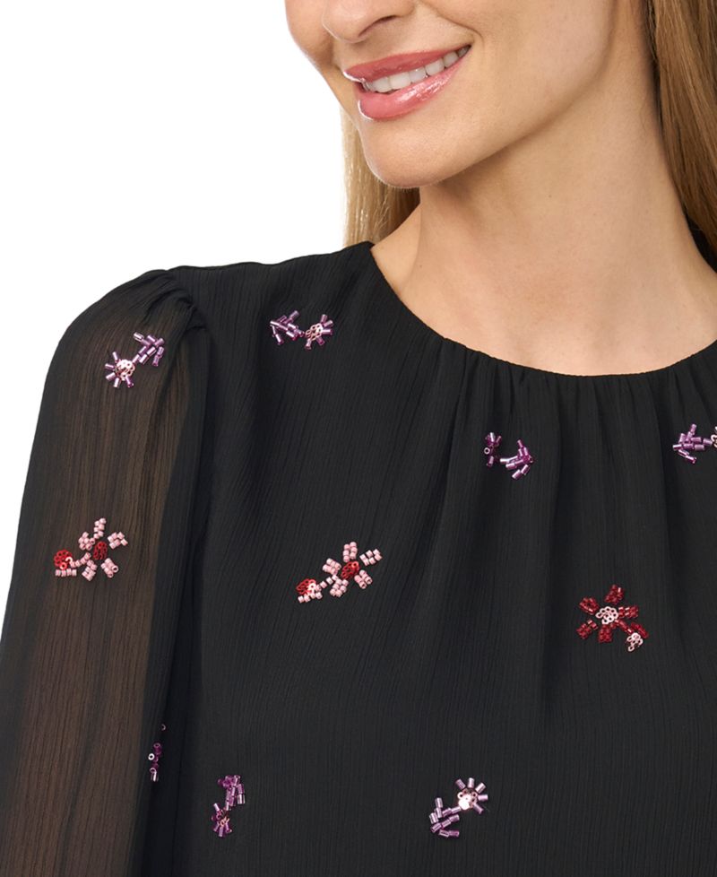 Women's Beaded Long-Sleeve Double Ruffle Cuff with Shirred Neck Blouse