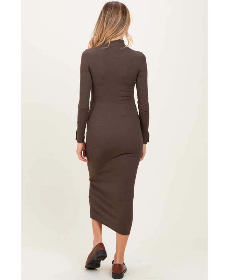 Women's Brown Turtle Neck Long Sleeve Rib Fitted Midi Dress