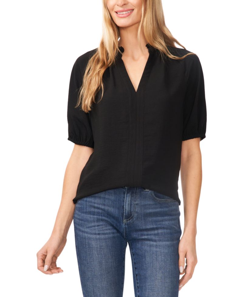 Women's Short Sleeve Ruffle Neck Raglan Split Neck Blouse