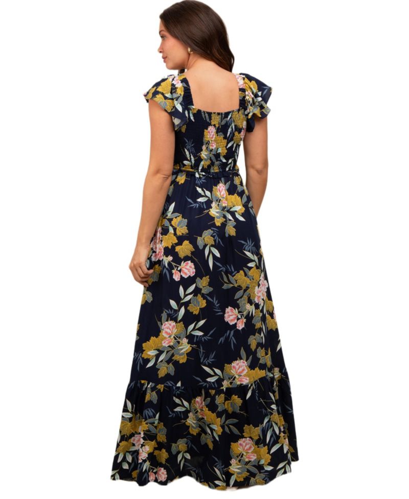 Women's Navy Floral Smocked Cinched Top Maxi Dress
