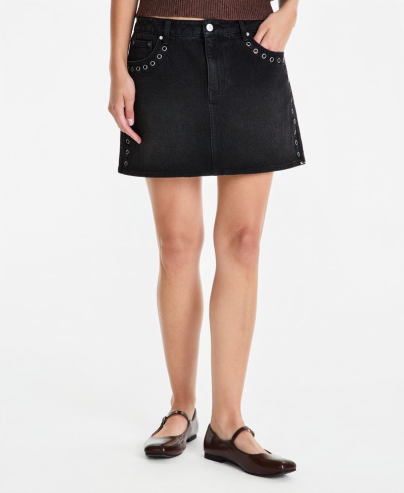 Women's Mid-Rise Grommet-Trim Denim Mini Skirt