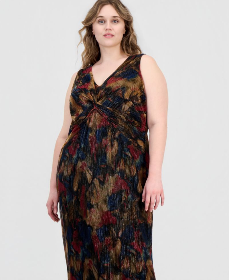 Plus Size Metallic-Print Twist-Front Sleeveless Dress