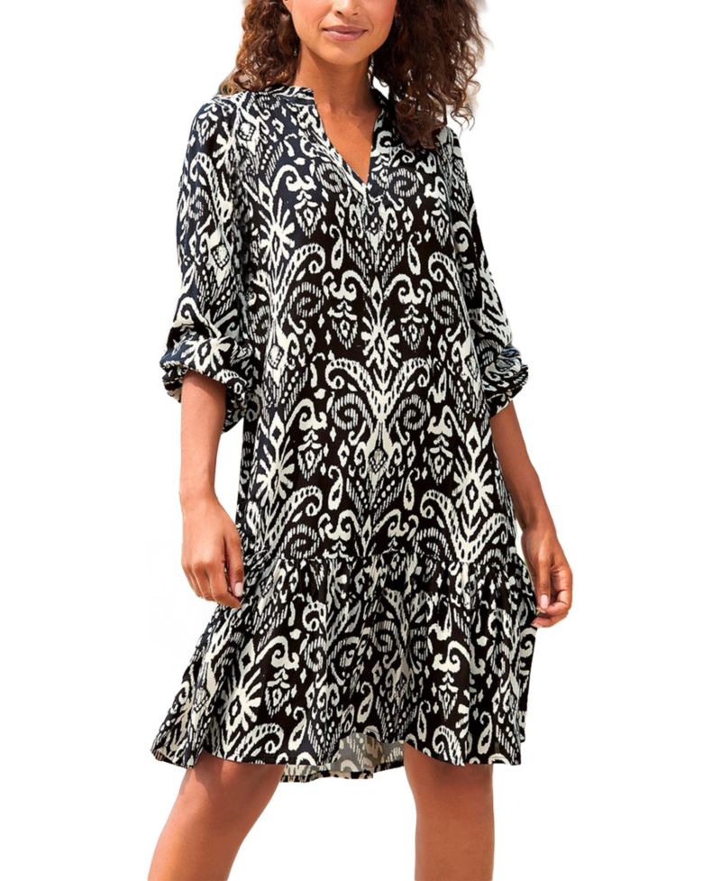 Women's Viscose Printed Tunic Ruffle-Trim Notch-Neck Short Dress