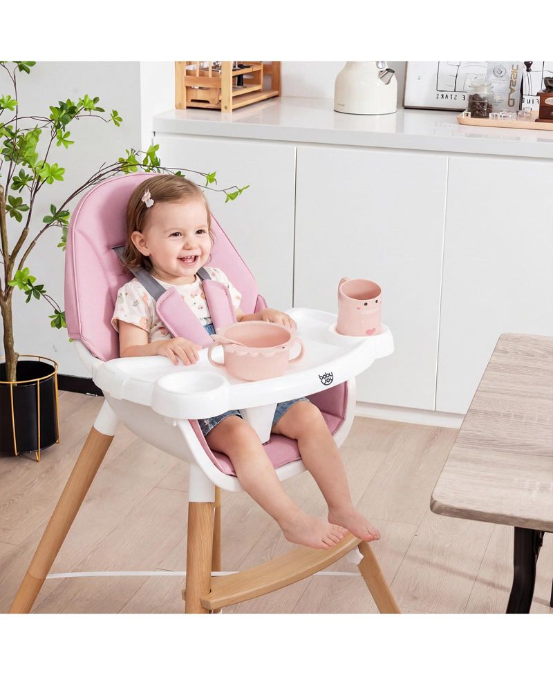 Toddler Baby High Chair Wooden Feeding Chair with 4-Gear Tray and Removable Cushion