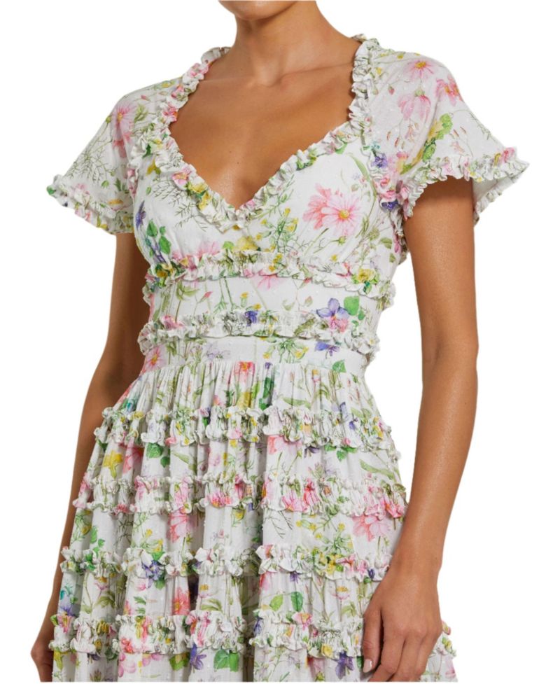 Women's Cap Sleeve V Neck Open Back Floral Cotton Dress