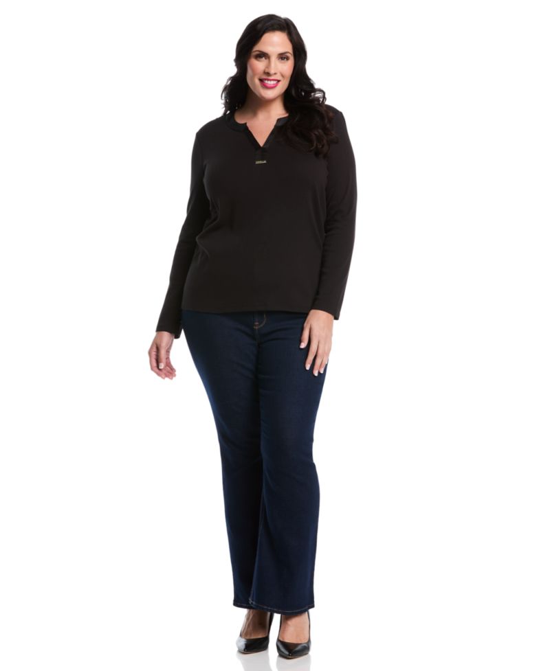 Plus Size Woven Trim Split V-Neck Long Sleeve Top