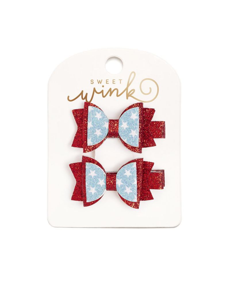 Little and Big Girls Glitter Flag Bow Clip Set