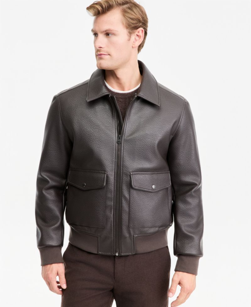 Men's Textured Genuine Leather Bomber Jacket