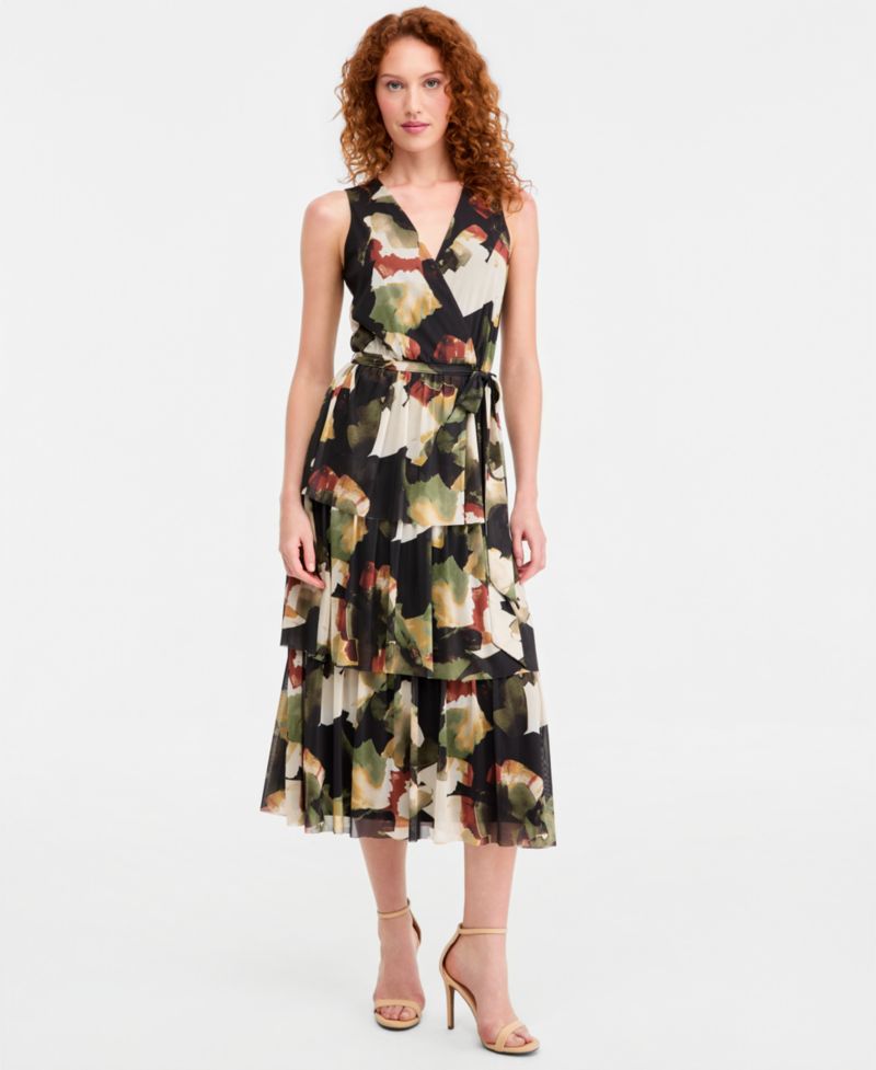 Petite Faux-Wrap Tiered Dress