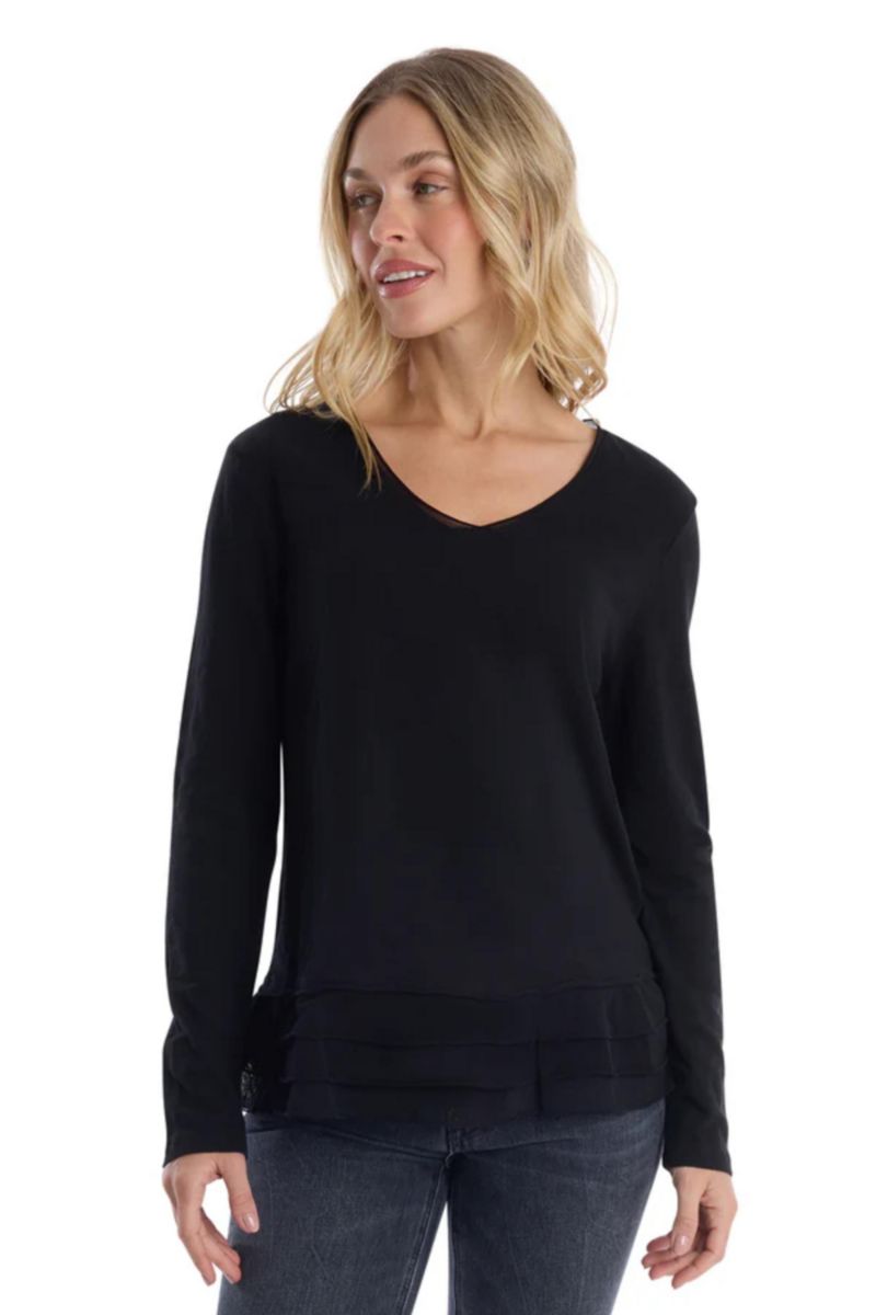 Women's Clothing V-Neck Mixed Media Long Sleeve Tee