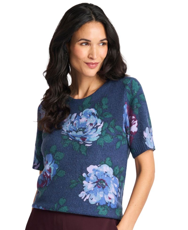 Women's Short-Sleeve Floral-Print Crewneck Sweater