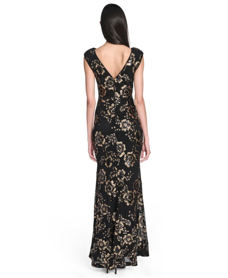 Women's Floral-Print Sequined Boat Neck Gown