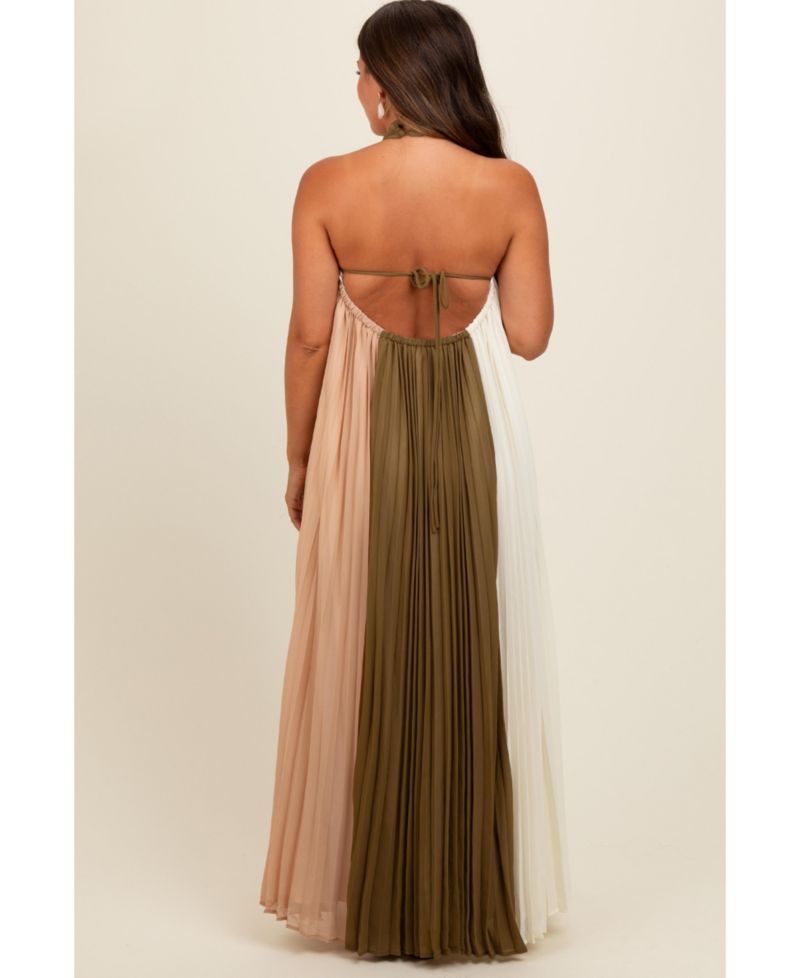 Women's Colorblock Pleated Halter Neck Maxi Dress