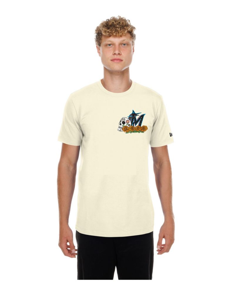 Men's Natural Miami Marlins Dia de los Muertos Sugar Skull T-Shirt
