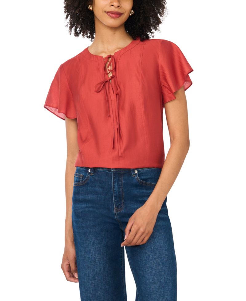 Women's Double Tie Raglan Short Flutter-Sleeve Blouse