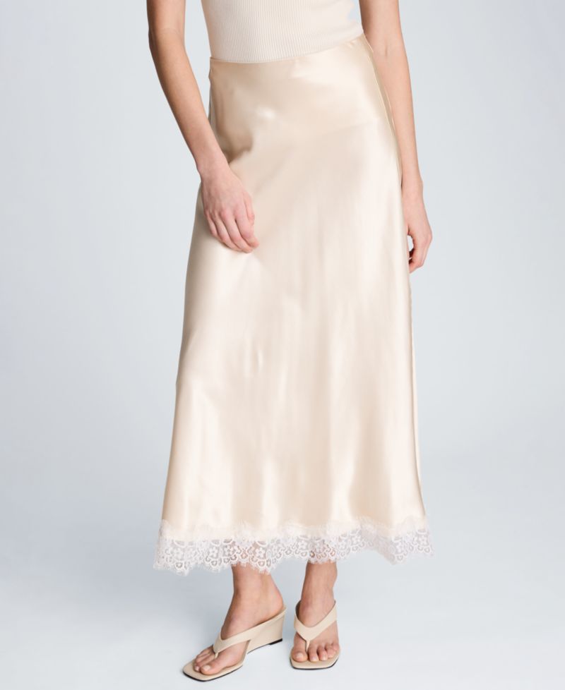 Women's Pull on Lace Trim Satin Midi Skirt