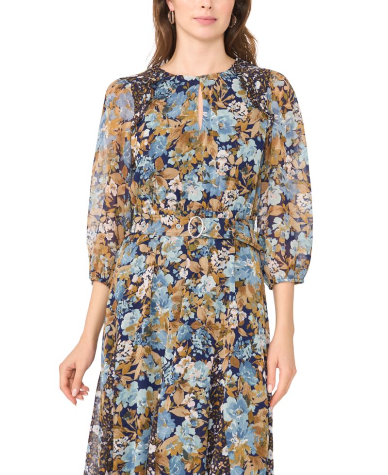 Women's Keyhole Belted Floral Maxi Dress