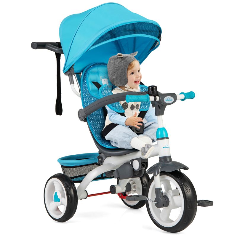 Girls 4-in-1 Tricycle Stroller with Detachable Design and Round Sun Canopy