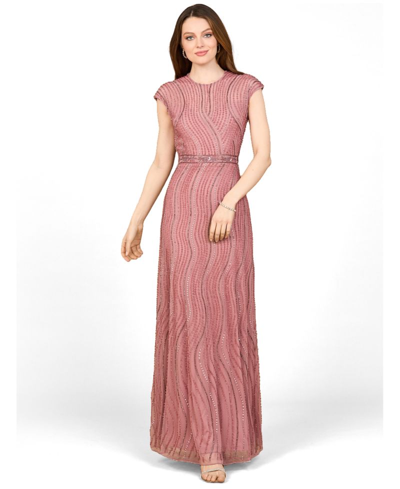 Women's Cap Sleeve, Illusion Neck Beaded Gown