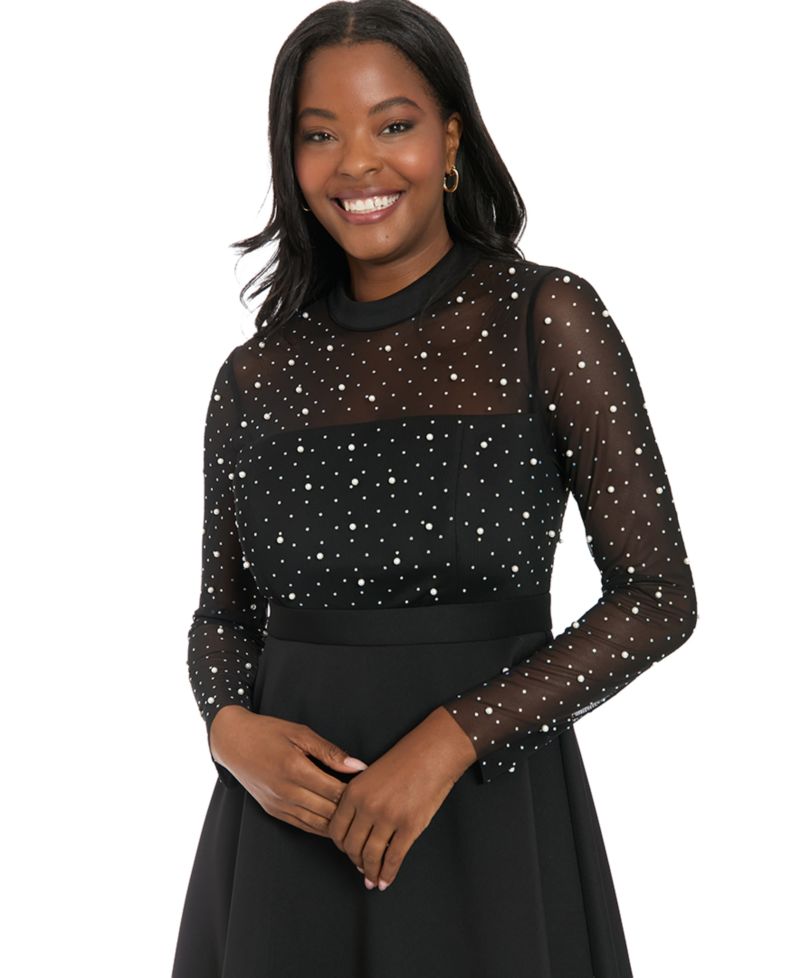 Petite Pearl Trim Long-Sleeve Fit & Flare Dress