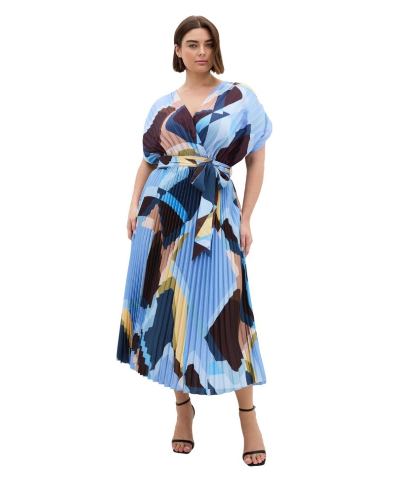 Plus Size Hailey Geo Abstract Print Pleat Wrap Midi Dress