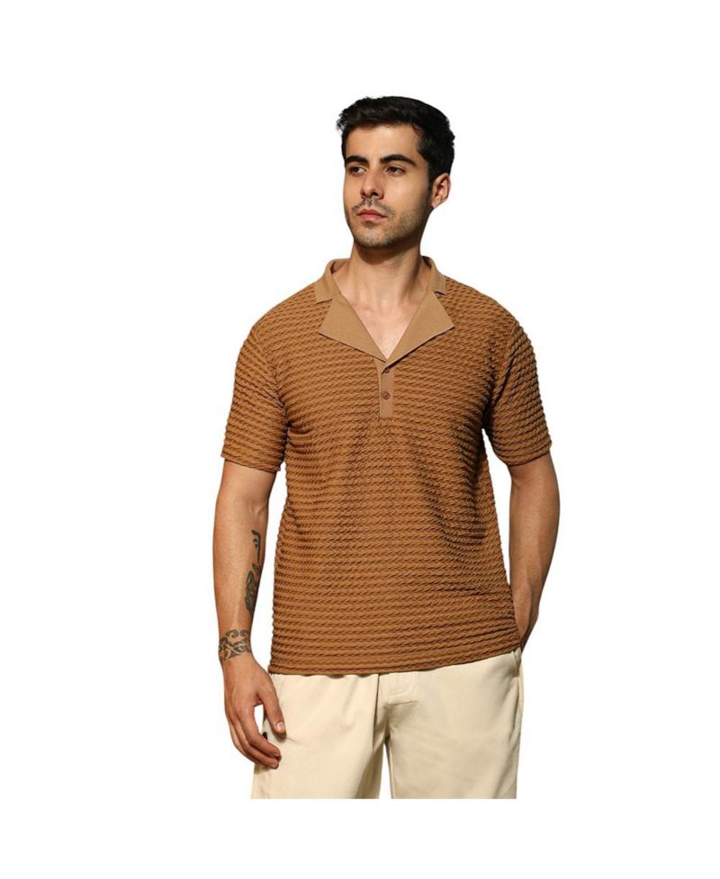 Men's Coffee Brown Crease-Tactile Cuban Polo T-Shirt