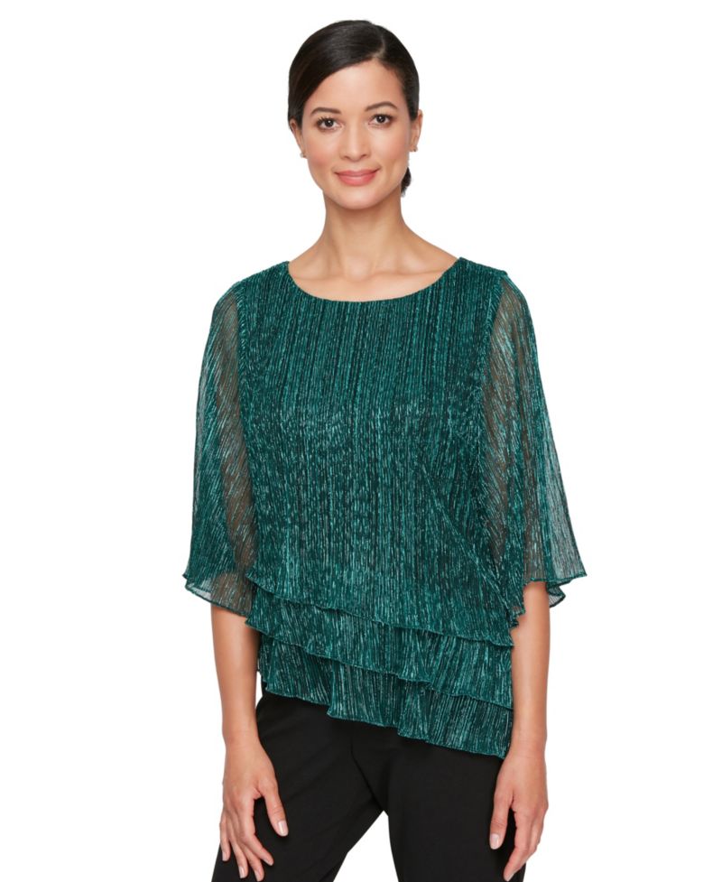 Women's Metallic Asymmetric Triple-Tier 3/4-Sleeve Blouse