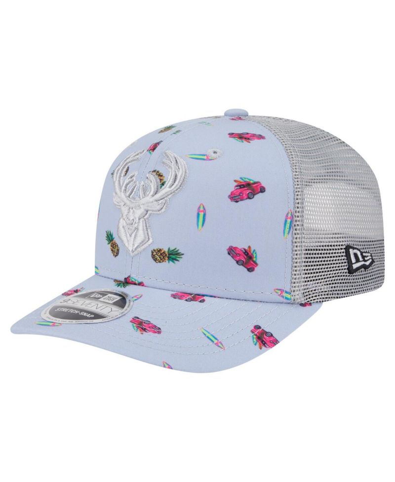 Men's Light Blue/Gray Milwaukee Bucks Adventure Aloha Pattern 9SEVENTY Stretch-Snap Hat