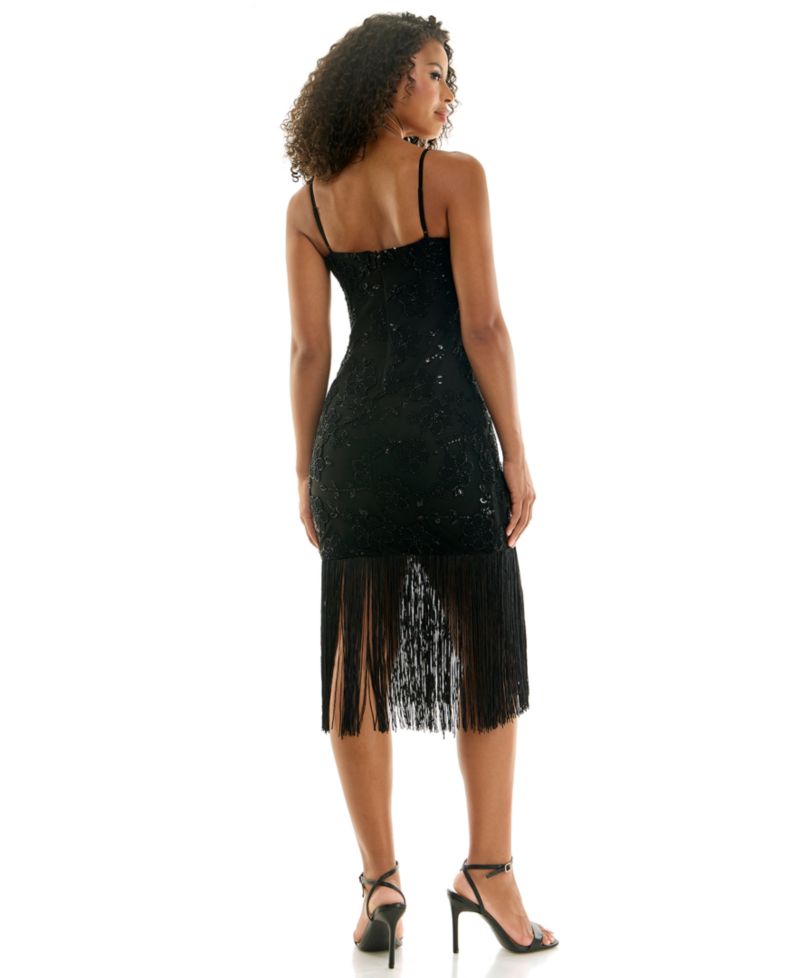 Women's Square Neck Floral Beaded Fringe Dress
